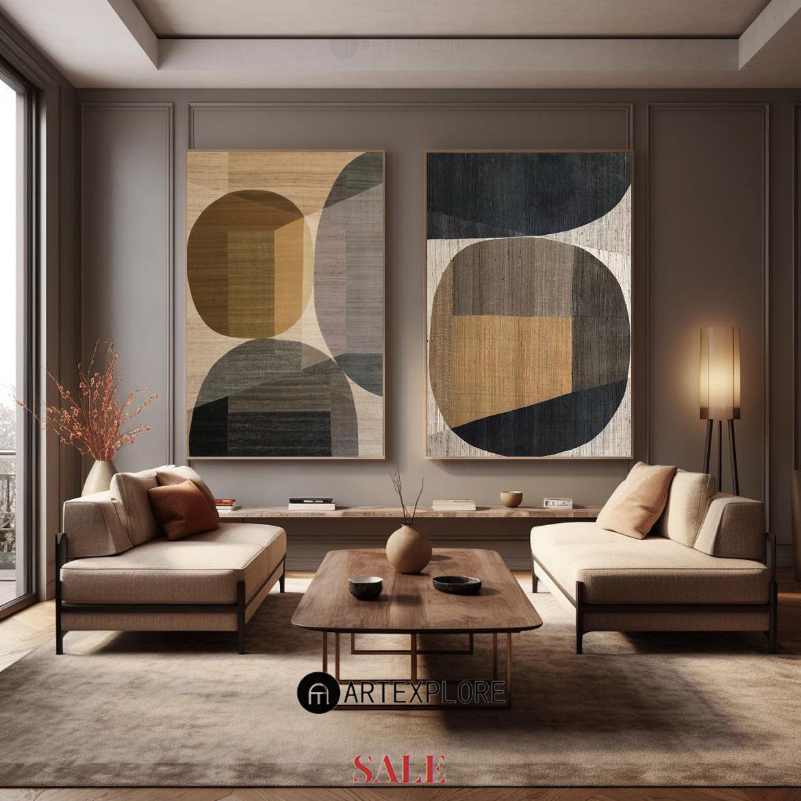 Modern Geometric Oil Painting - Wabi-Sabi Minimalist Wall Art for Contemporary Decor