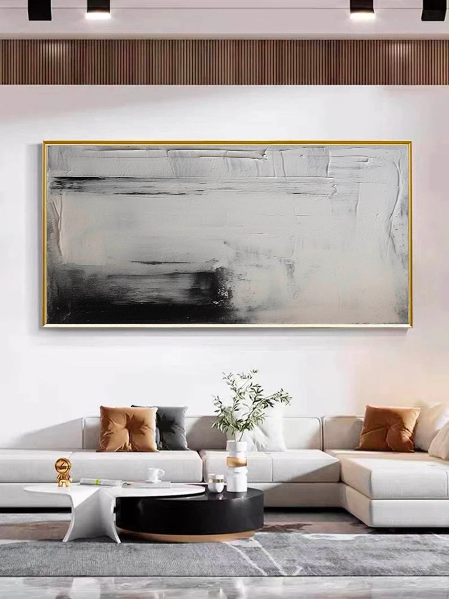 Elegant Black and White Minimalist Abstract Oil Painting for Modern Home Decor