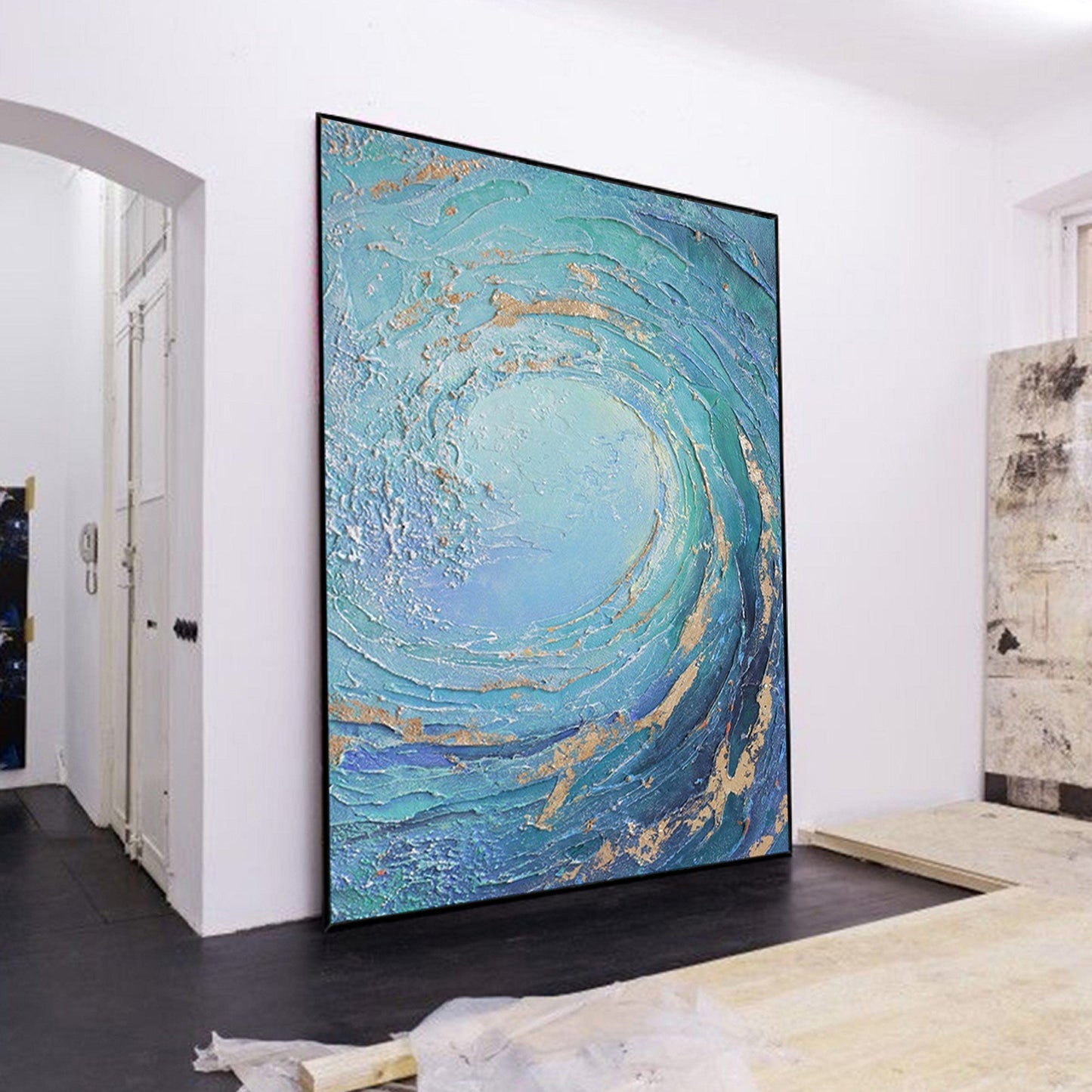 Dynamic Ocean Wave Oil Painting with Turquoise and Gold Accents
