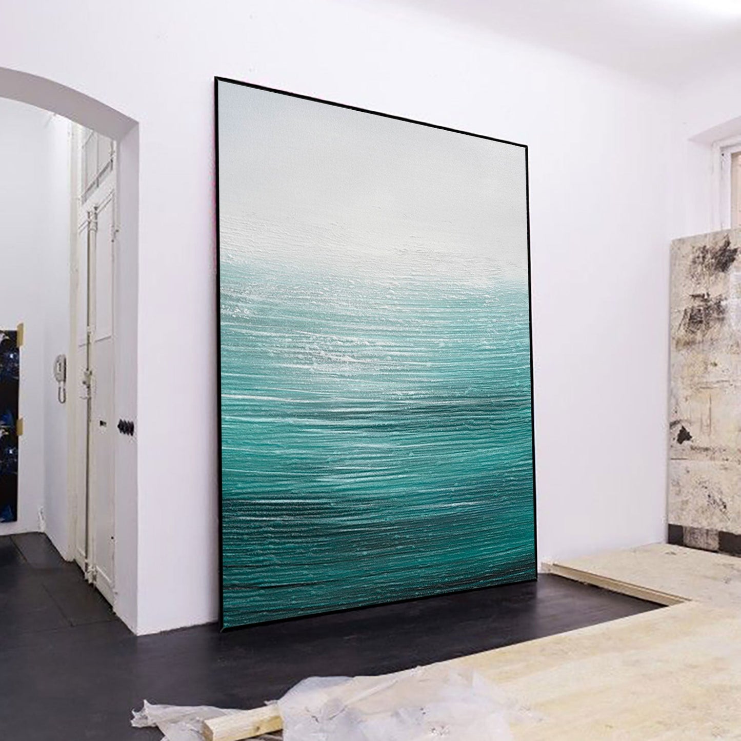 Tranquil Ocean Waves Oil Painting in Serene Blue and White Tones for Coastal Decor