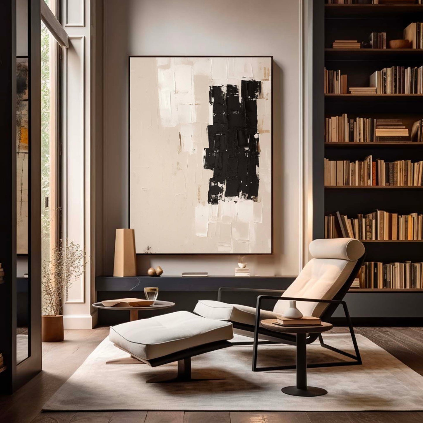 Contemporary Minimalist Black and White Abstract Oil Painting for Modern Decor