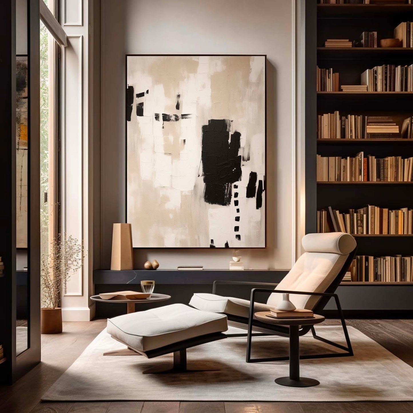 Contemporary Minimalist Black and White Abstract Oil Painting for Modern Interiors