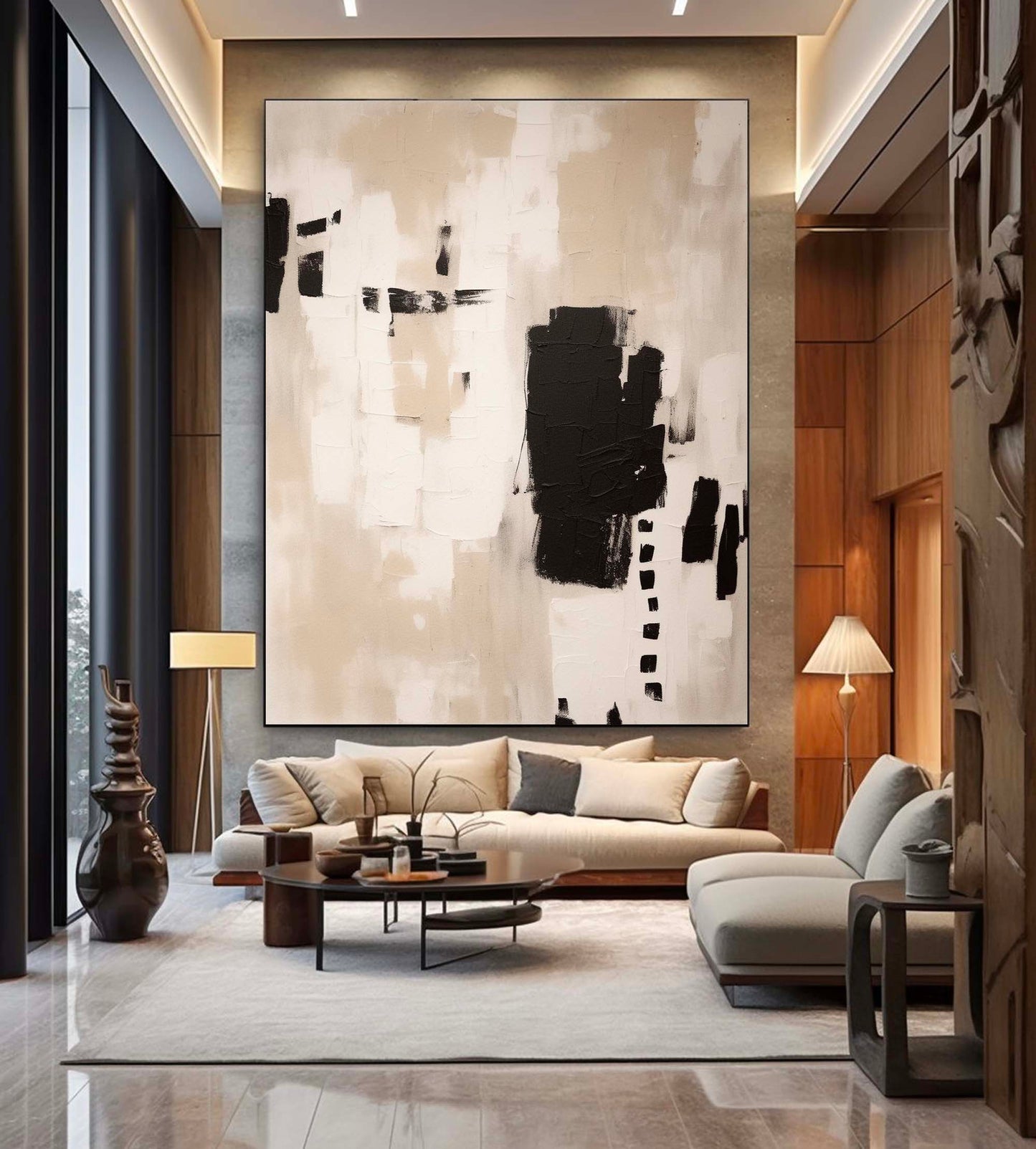 Contemporary Minimalist Black and White Abstract Oil Painting for Modern Interiors