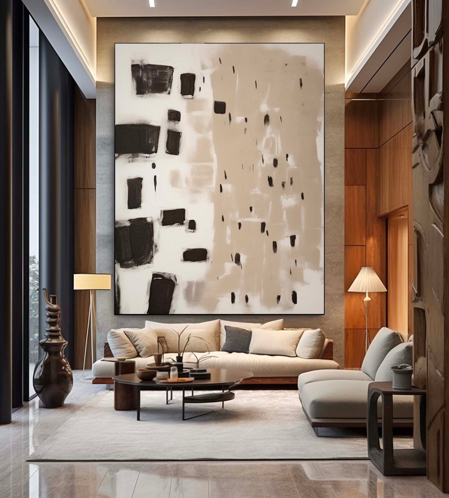 Contemporary Minimalist Abstract Oil Painting in Black and Beige Tones