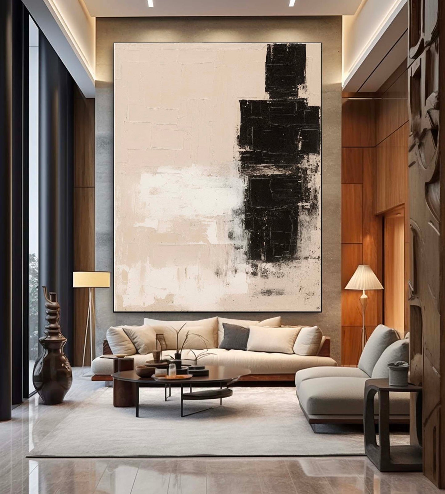 Contemporary Black and White Minimalist Abstract Oil Painting for Modern Decor