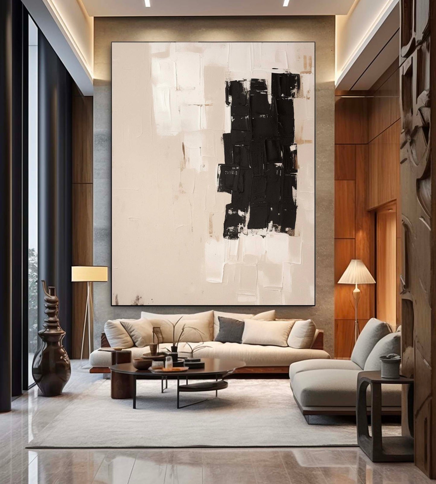 Contemporary Minimalist Black and White Abstract Oil Painting for Modern Decor