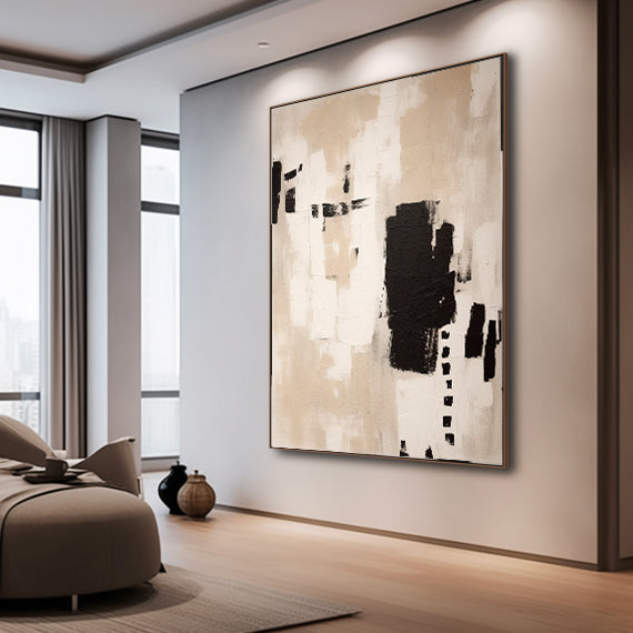 Contemporary Minimalist Black and White Abstract Oil Painting for Modern Interiors