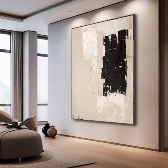 Contemporary Minimalist Black and White Abstract Oil Painting for Modern Decor