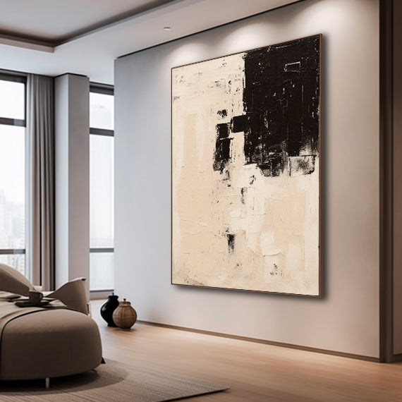 Contemporary Black and White Minimalist Abstract Oil Painting for Modern Decor