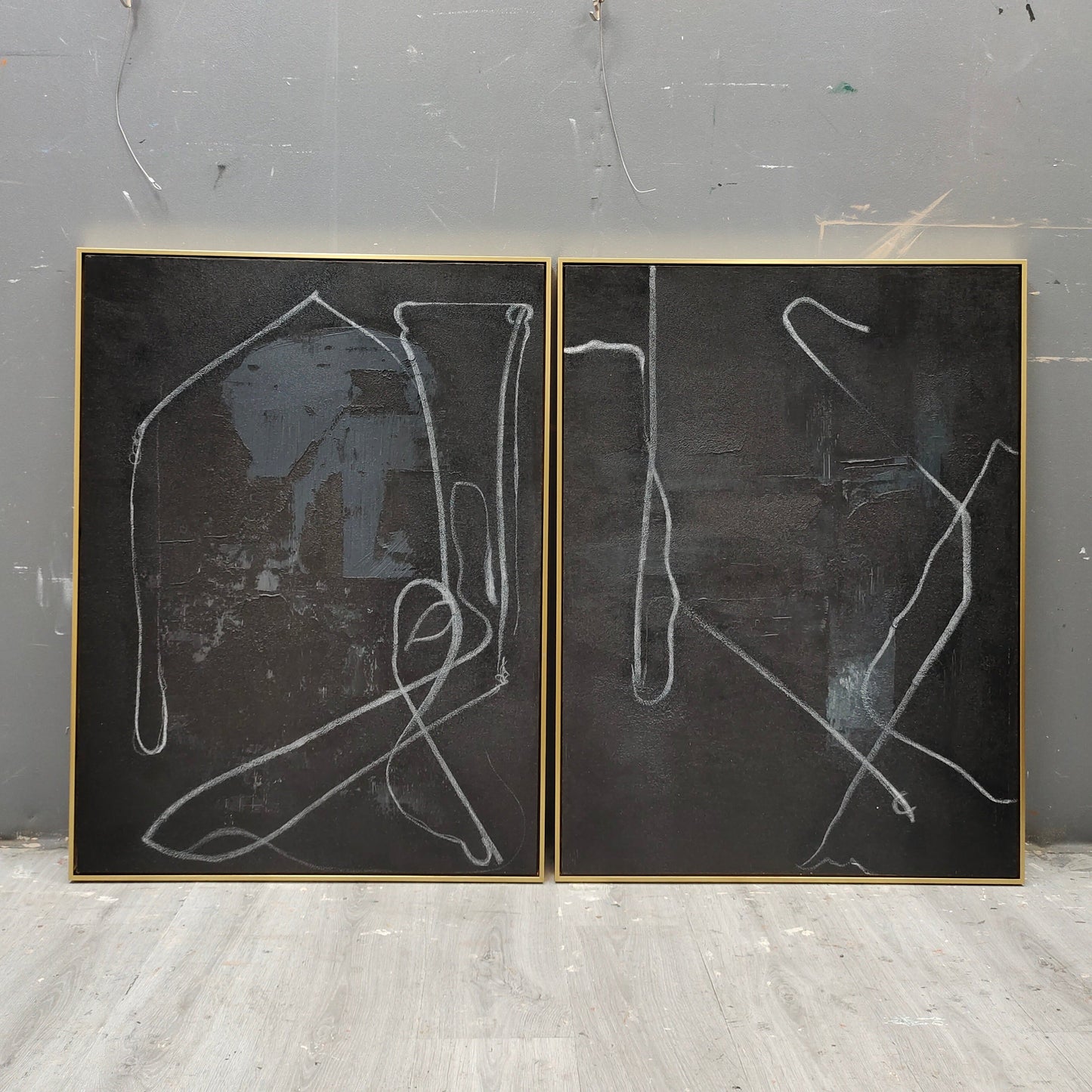 Chic Black Abstract Oil Painting with Elegant White Lines for Modern Decor