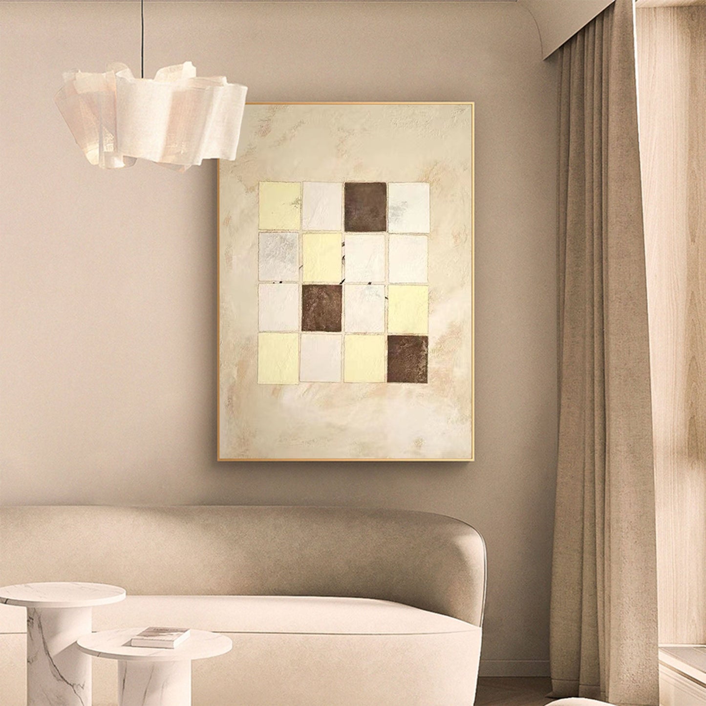 Elegant Beige Geometric Abstract Oil Painting for Modern Home Decor