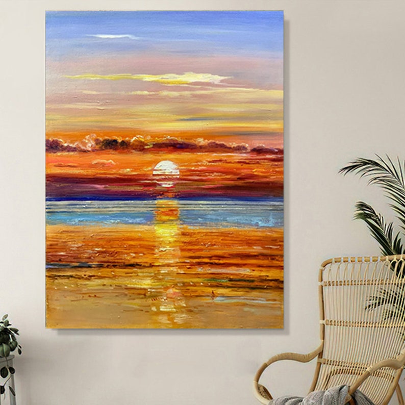 Vibrant Sunset Over Calm Waters - Stunning Oil Painting for Home Decor