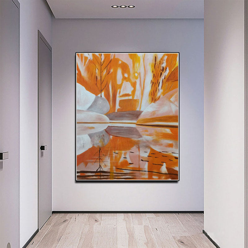 Autumn Reflection: Abstract Oil Painting of Orange Hues and Serene Water