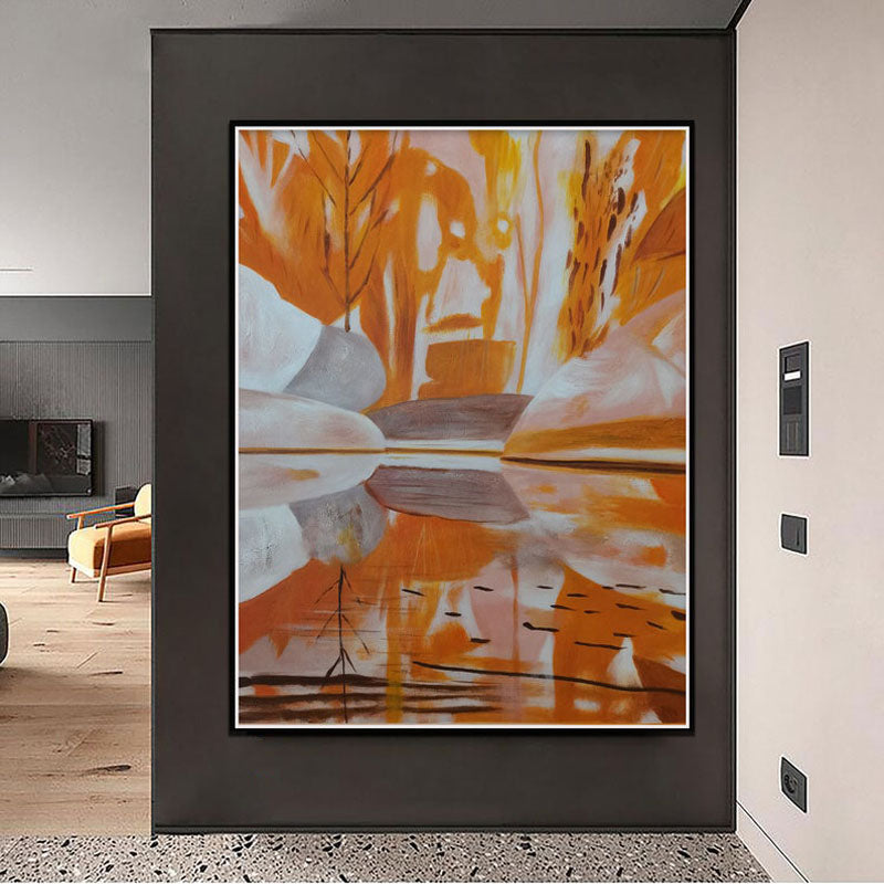 Autumn Reflection: Abstract Oil Painting of Orange Hues and Serene Water
