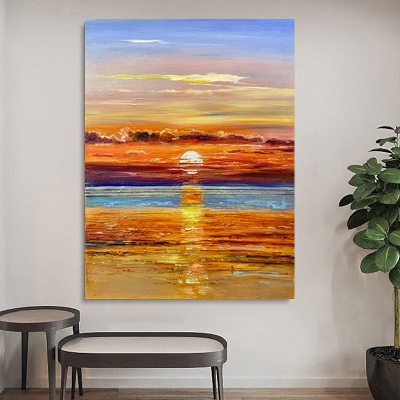 Vibrant Sunset Over Calm Waters - Stunning Oil Painting for Home Decor