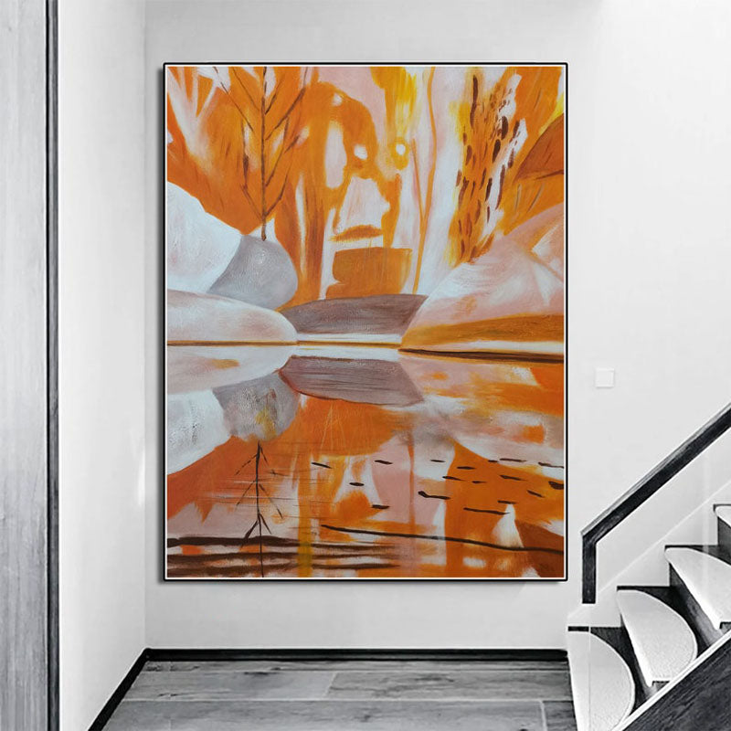 Autumn Reflection: Abstract Oil Painting of Orange Hues and Serene Water