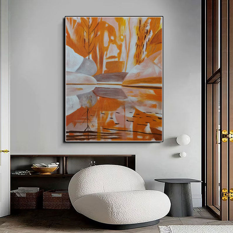Autumn Reflection: Abstract Oil Painting of Orange Hues and Serene Water