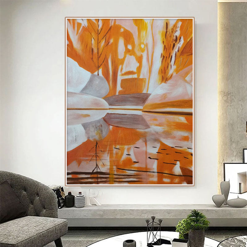 Autumn Reflection: Abstract Oil Painting of Orange Hues and Serene Water