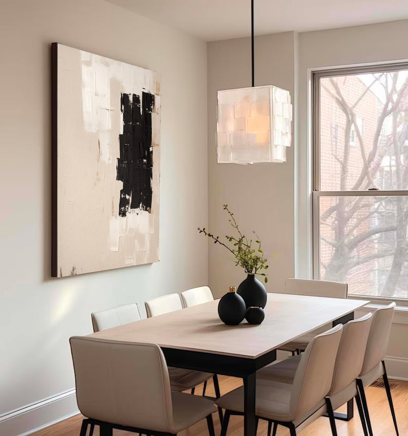 Contemporary Minimalist Black and White Abstract Oil Painting for Modern Decor