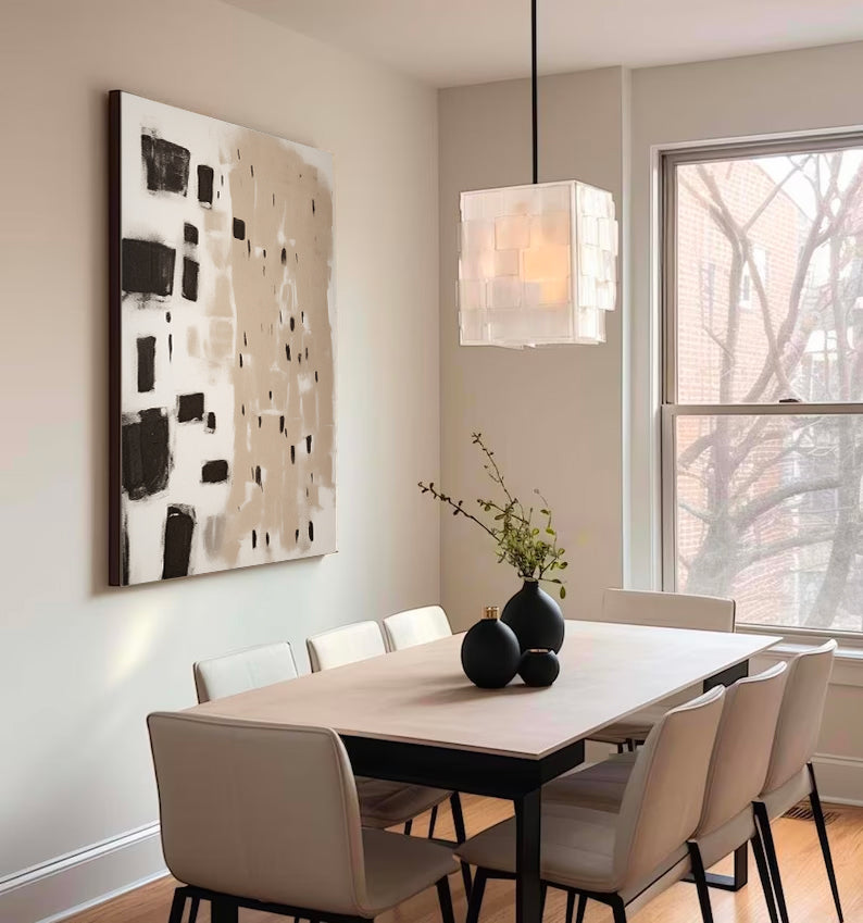 Contemporary Minimalist Abstract Oil Painting in Black and Beige Tones