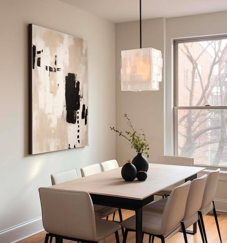 Contemporary Minimalist Black and White Abstract Oil Painting for Modern Interiors