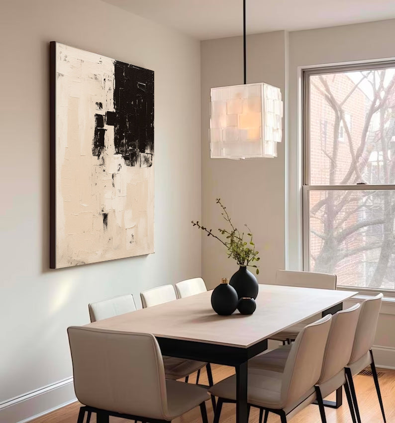 Contemporary Black and White Minimalist Abstract Oil Painting for Modern Decor