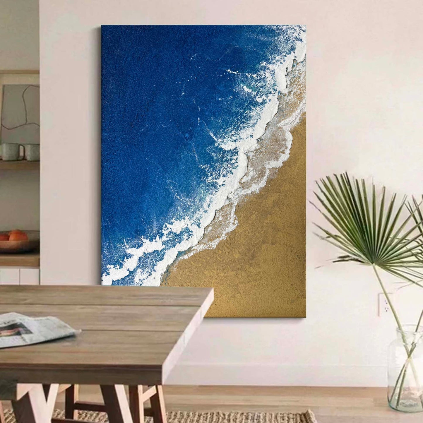 Seaside Serenity: Elegant Minimalist Ocean and Beach Oil Painting for Coastal Decor