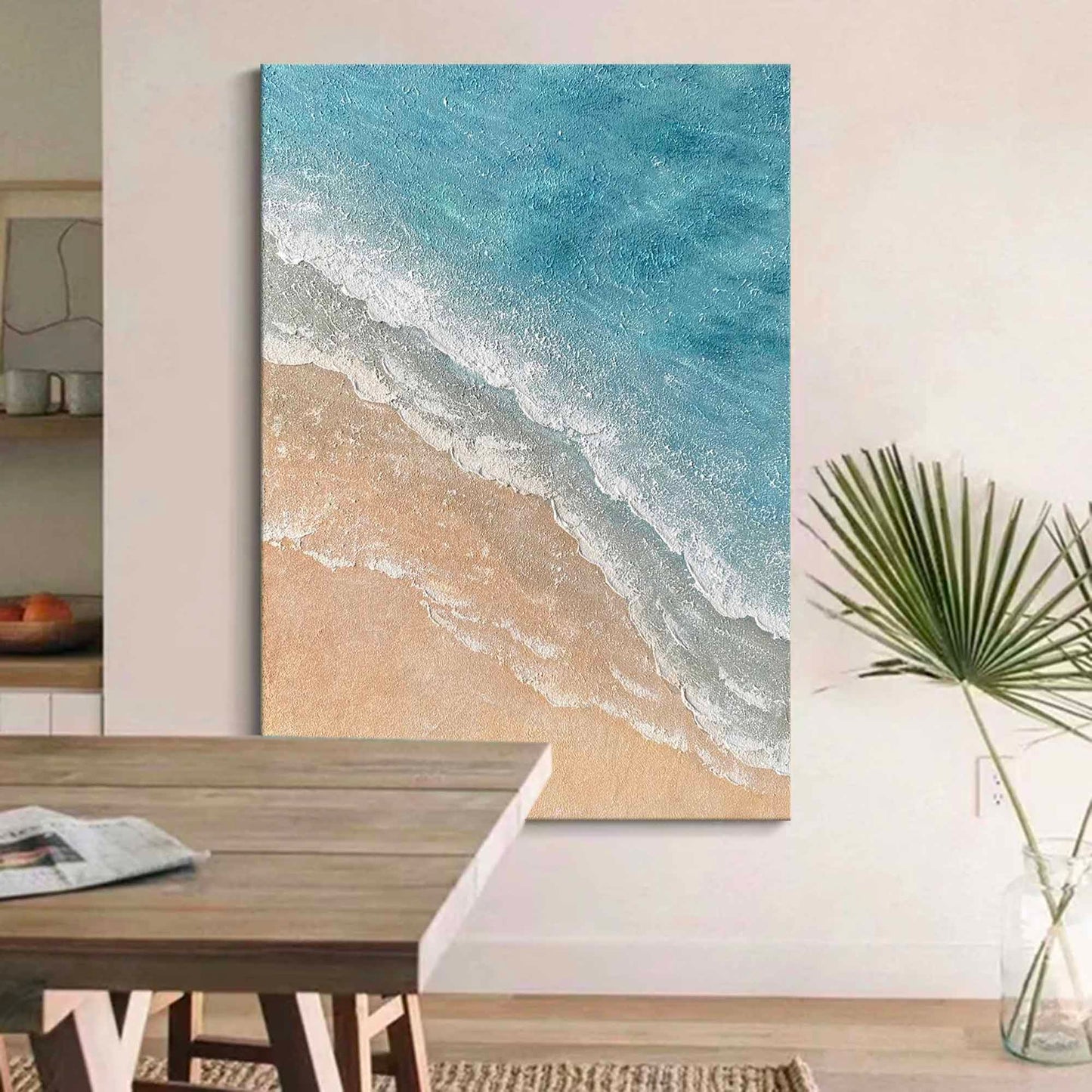 Serene Minimalist Beach Oil Painting with Calm Ocean Waves