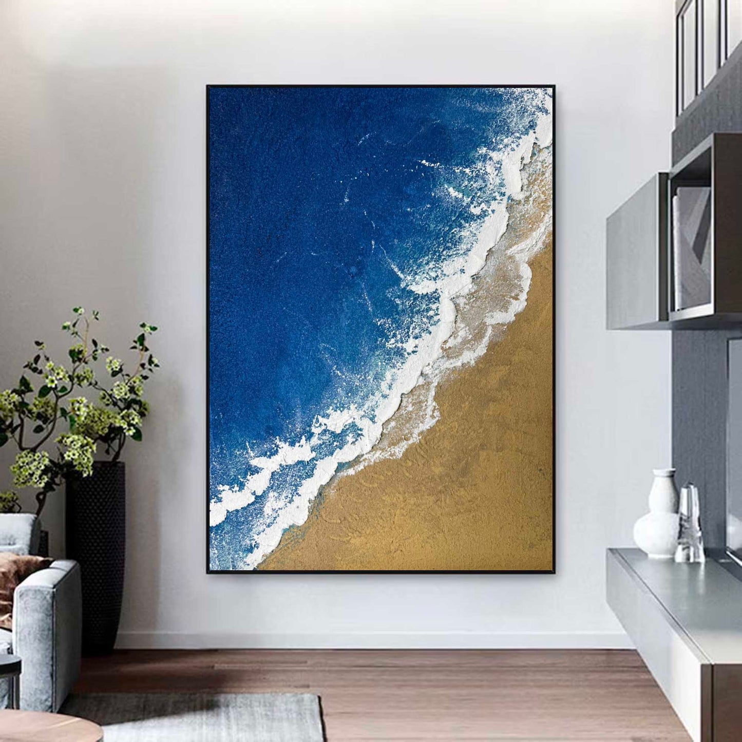 Seaside Serenity: Elegant Minimalist Ocean and Beach Oil Painting for Coastal Decor
