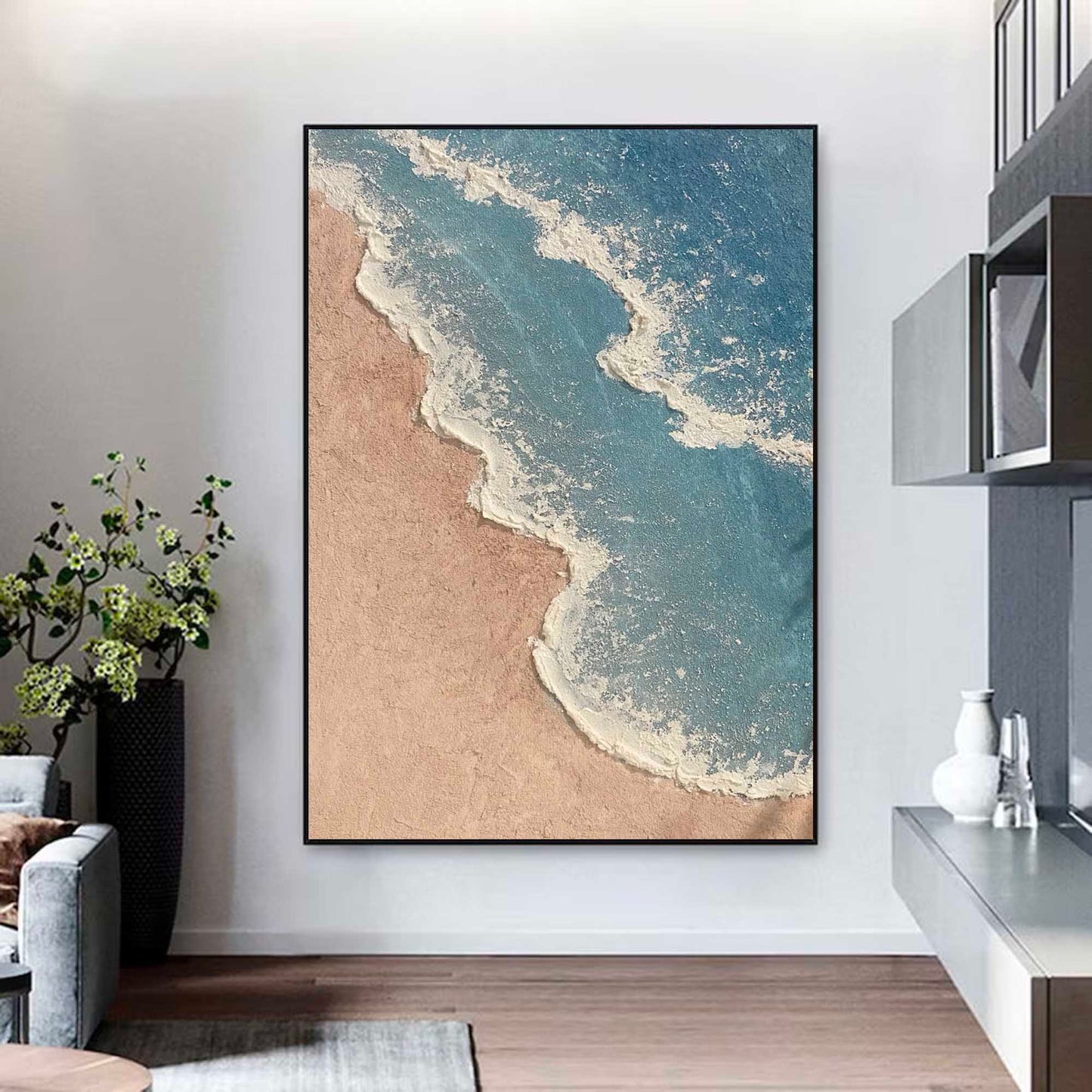 Serene Minimalist Ocean Landscape Oil Painting for Tranquil Home Decor