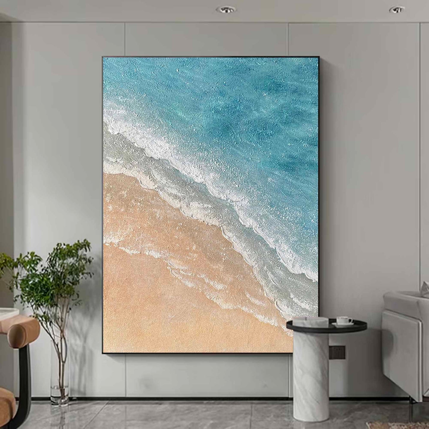 Serene Minimalist Beach Oil Painting with Calm Ocean Waves