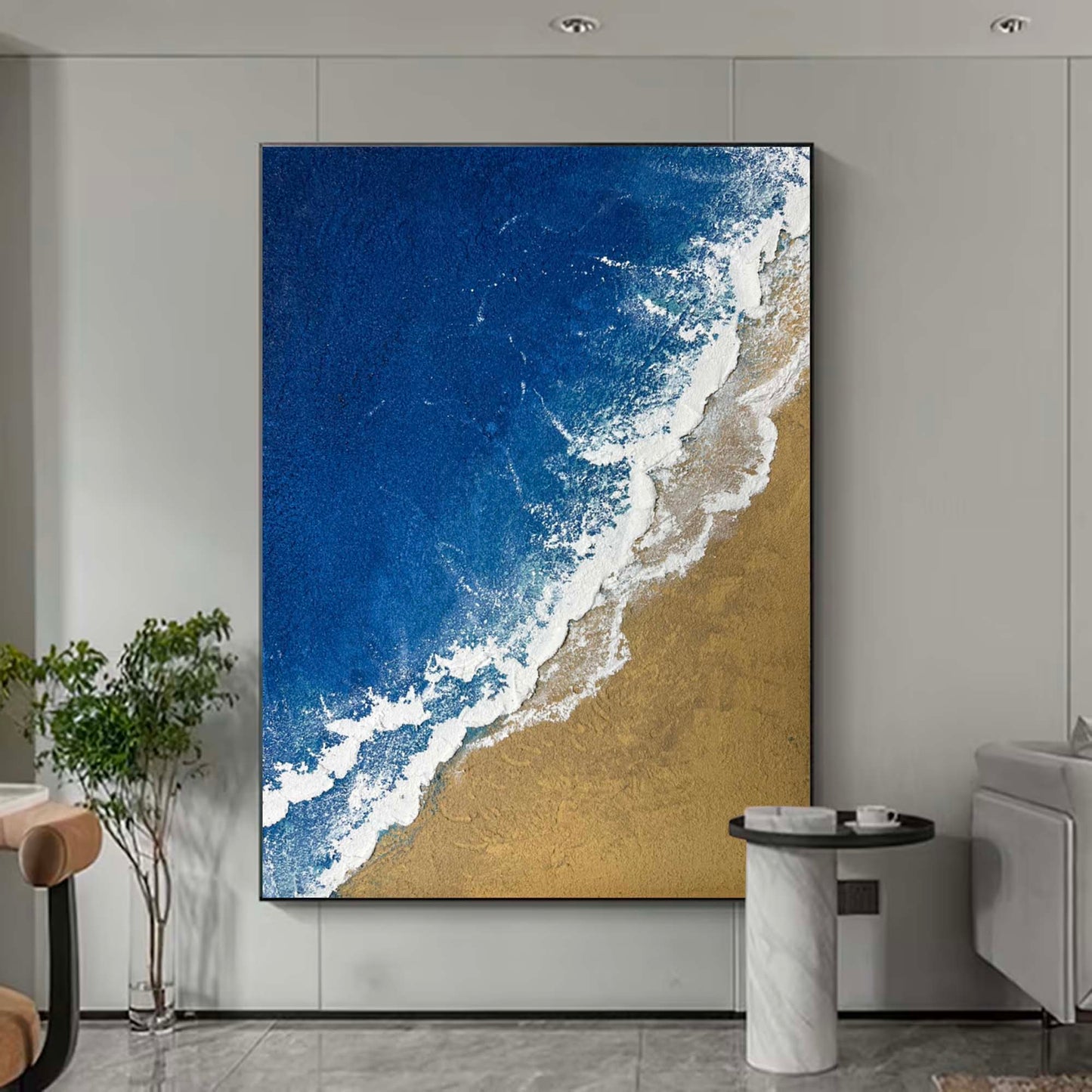 Seaside Serenity: Elegant Minimalist Ocean and Beach Oil Painting for Coastal Decor