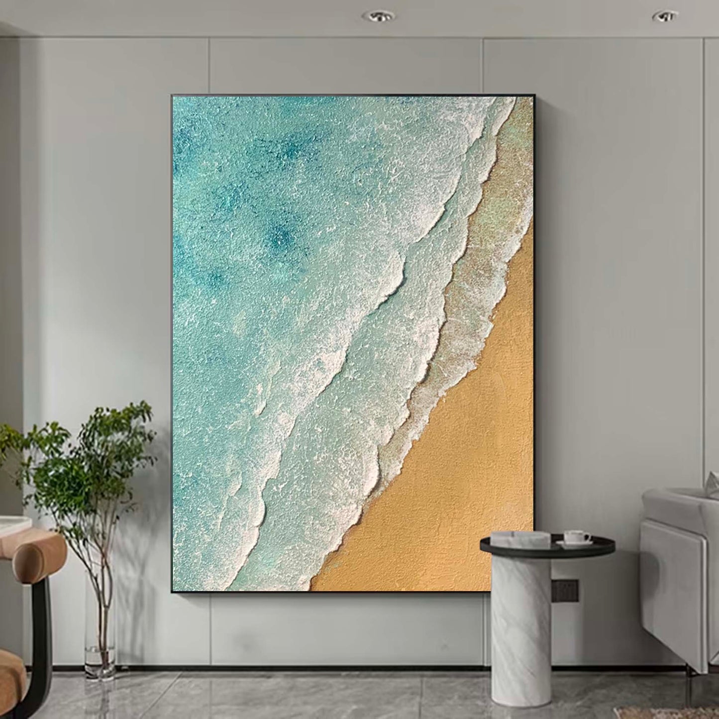 Serene Minimalist Ocean and Beach Oil Painting for Coastal Decor