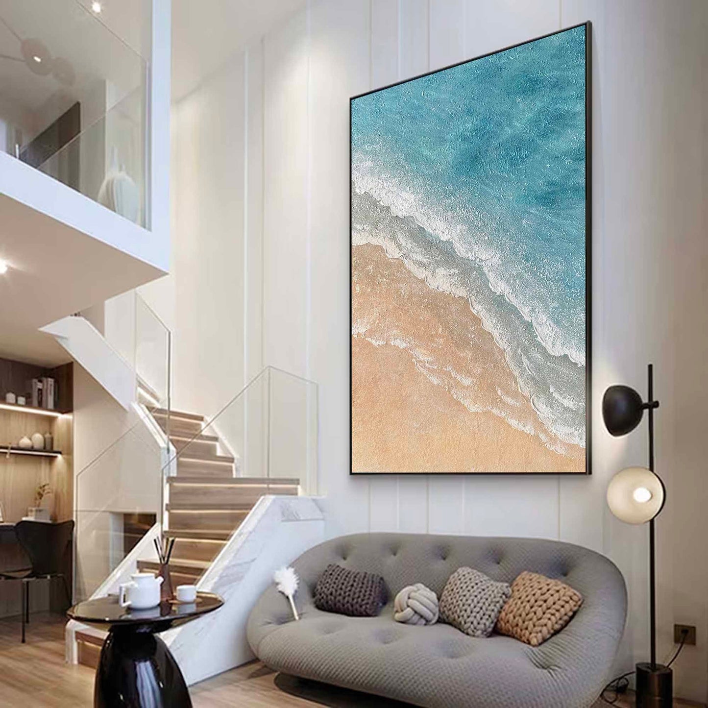 Serene Minimalist Beach Oil Painting with Calm Ocean Waves