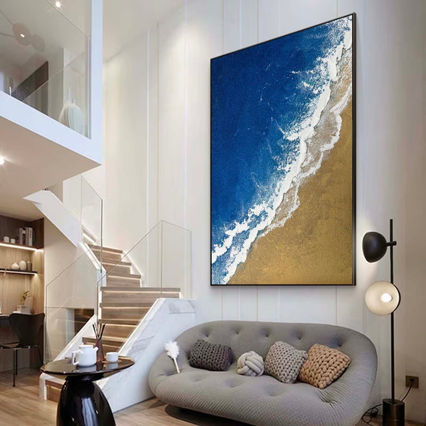 Seaside Serenity: Elegant Minimalist Ocean and Beach Oil Painting for Coastal Decor