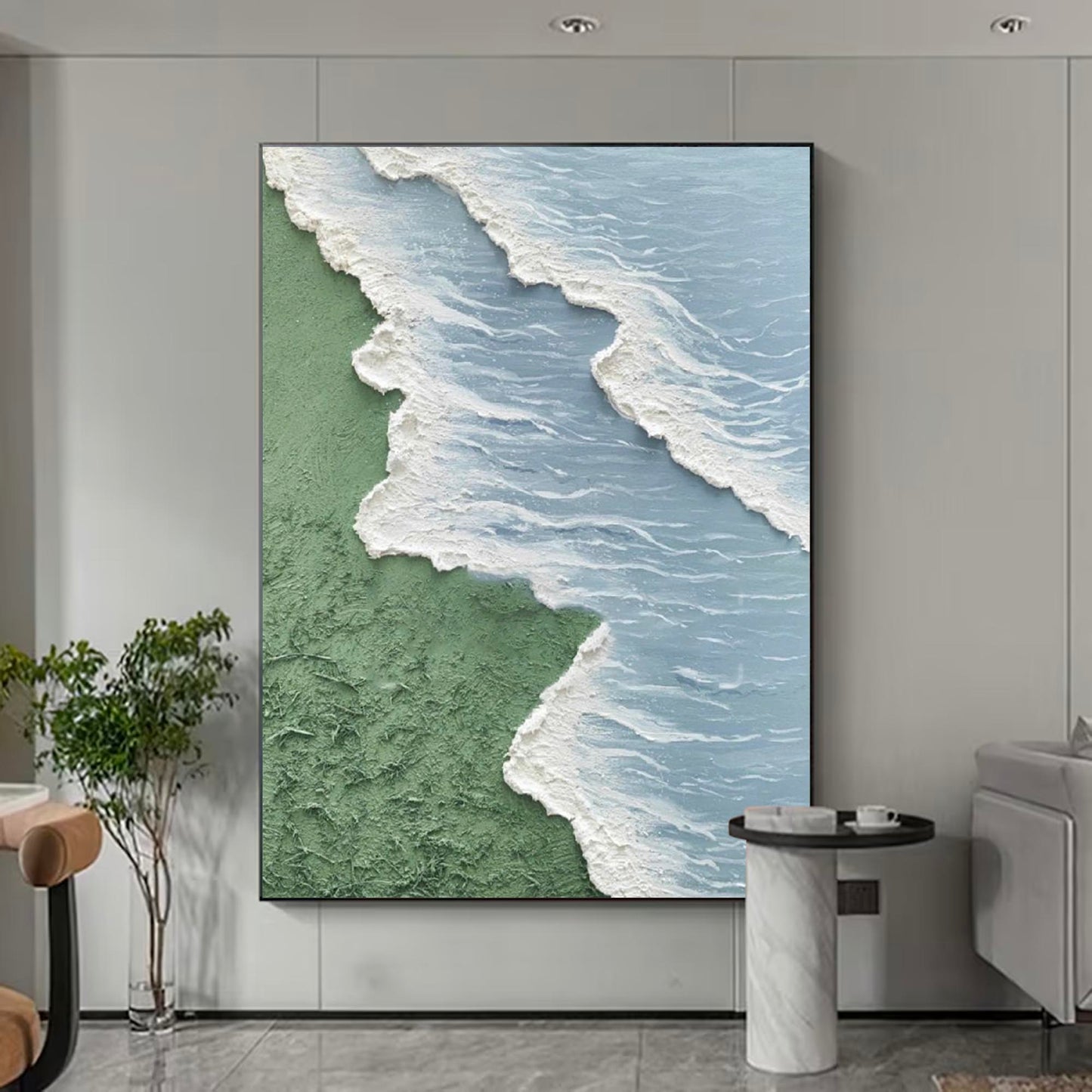 Serene Coastal Landscape Oil Painting – Minimalist Beach and Ocean Decor
