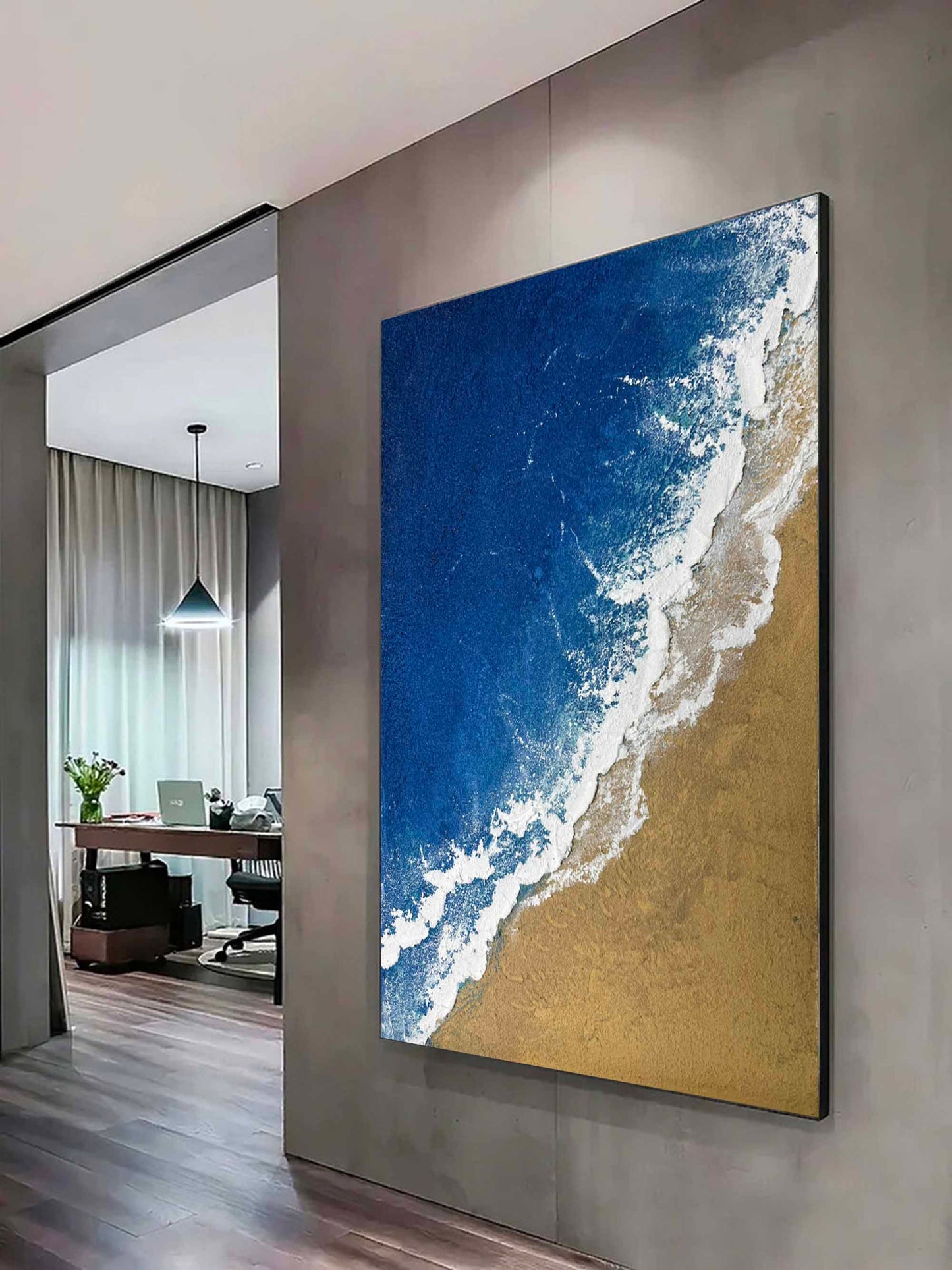 Seaside Serenity: Elegant Minimalist Ocean and Beach Oil Painting for Coastal Decor