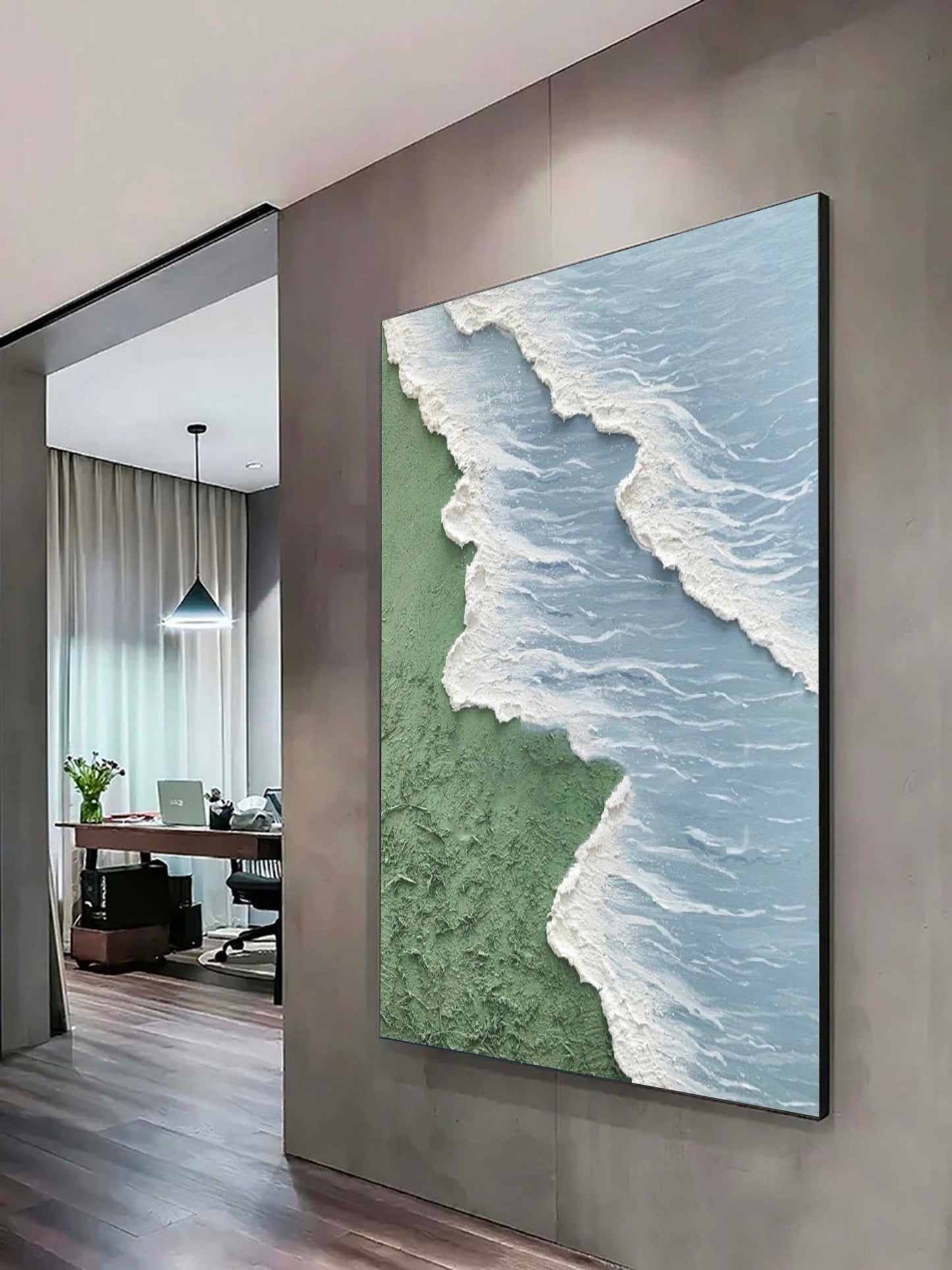 Serene Coastal Landscape Oil Painting – Minimalist Beach and Ocean Decor