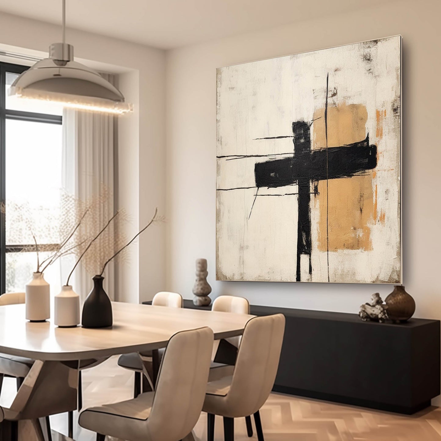 Contemporary Minimalist Black and Gold Abstract Oil Painting for Elegant Home Decor