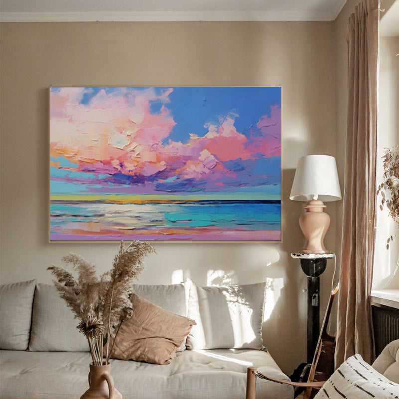 Vibrant Coastal Sunset Oil Painting | Colorful Seascape Wall Art for Home Decor