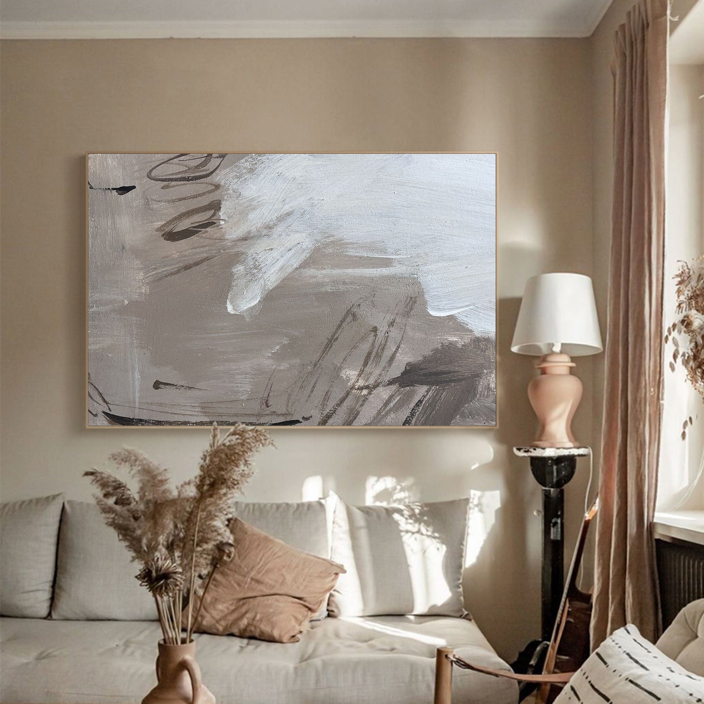 Contemporary Abstract Oil Painting with Dynamic Brushstrokes and Earthy Tones