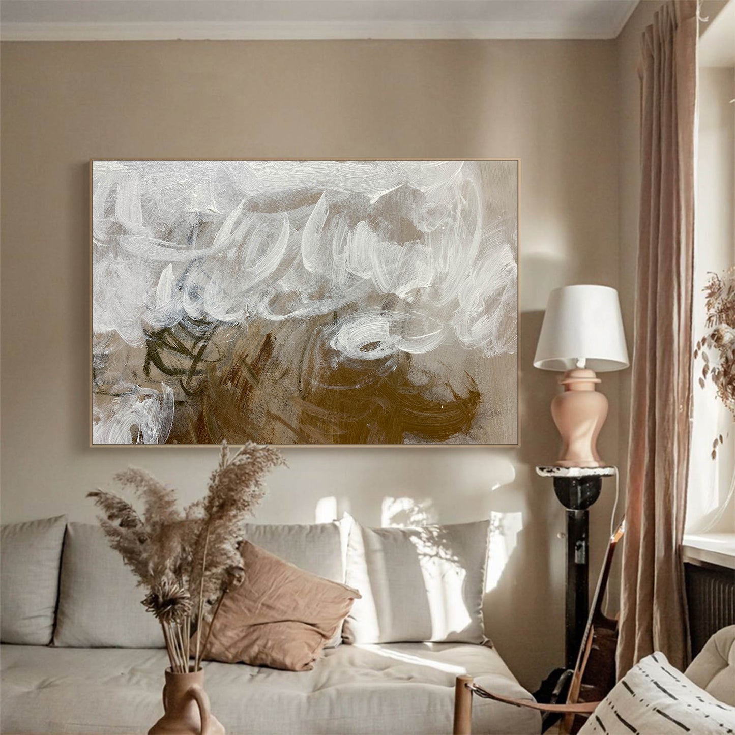 Contemporary Abstract Oil Painting with Dynamic Brushwork and Calming Tones