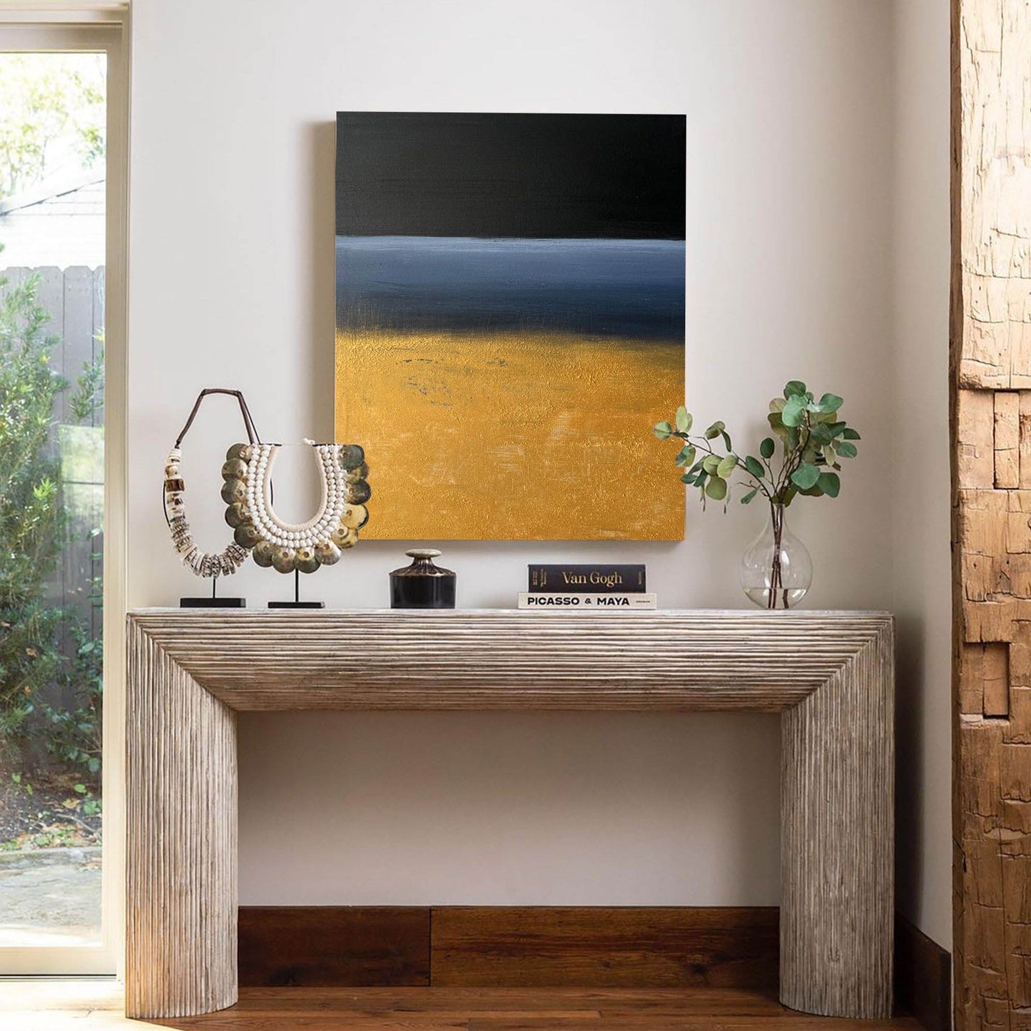Contemporary Abstract Oil Painting with Bold Black and Gold Landscape