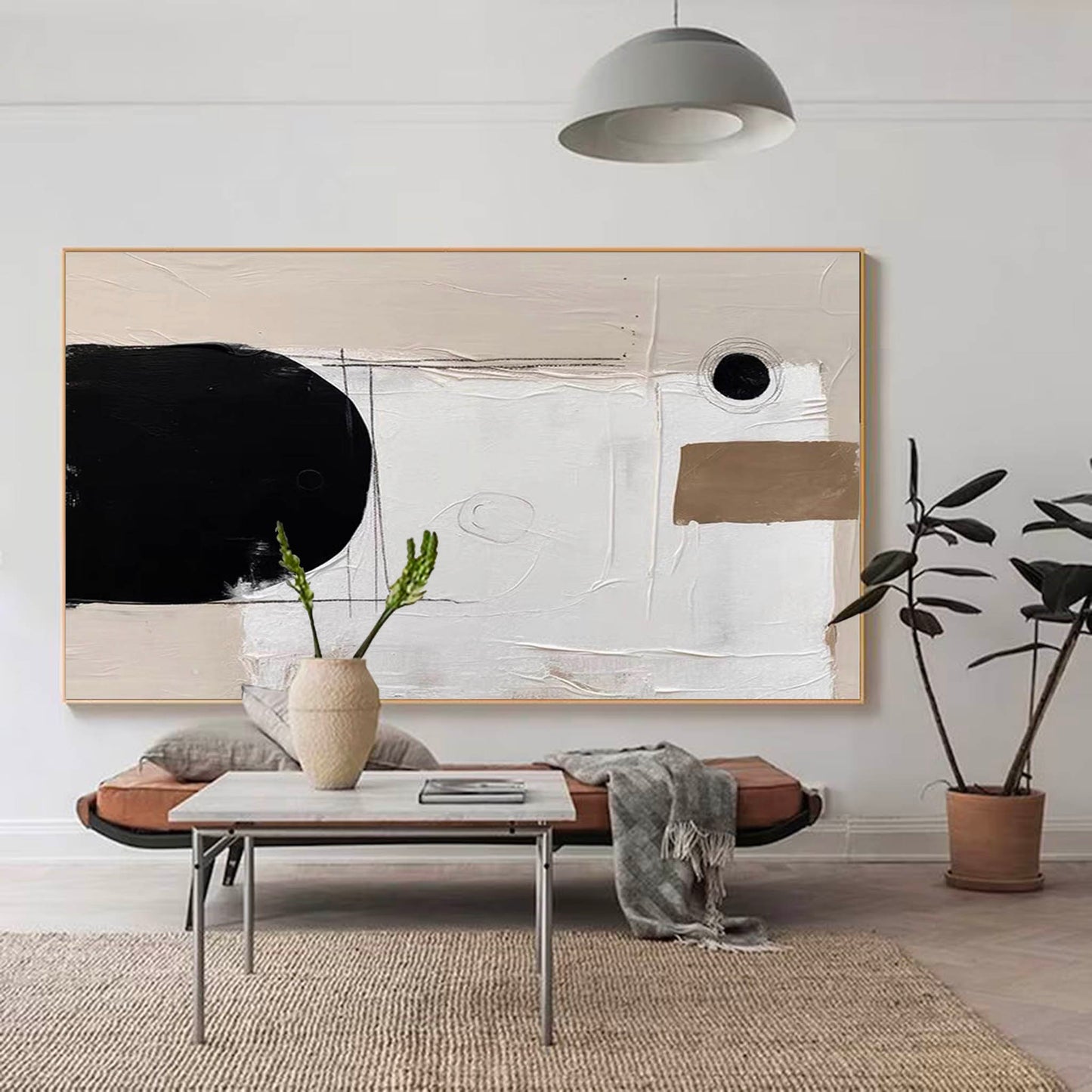 Elegant Minimalist Abstract Oil Painting in Black and White for Modern Decor