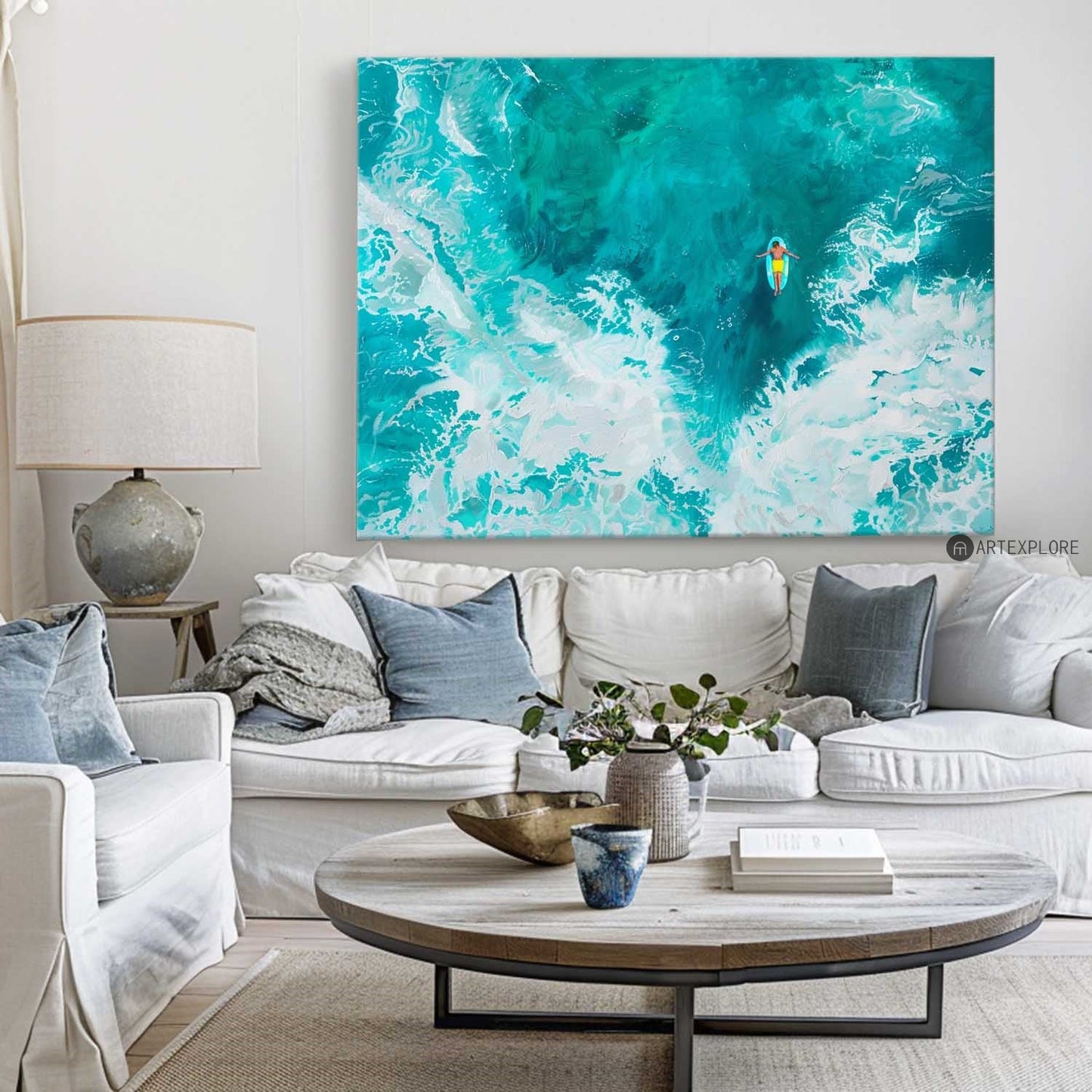 Vibrant Ocean Surfing Scene – Captivating Coastal Oil Painting for Beach Lovers