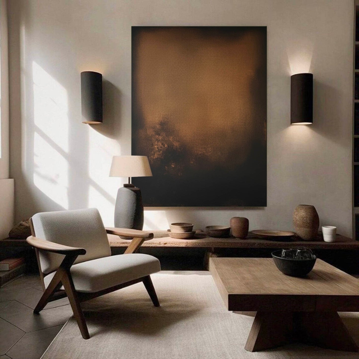 Elegant Minimalist Abstract Oil Painting in Rich Earthy Tones for Modern Decor