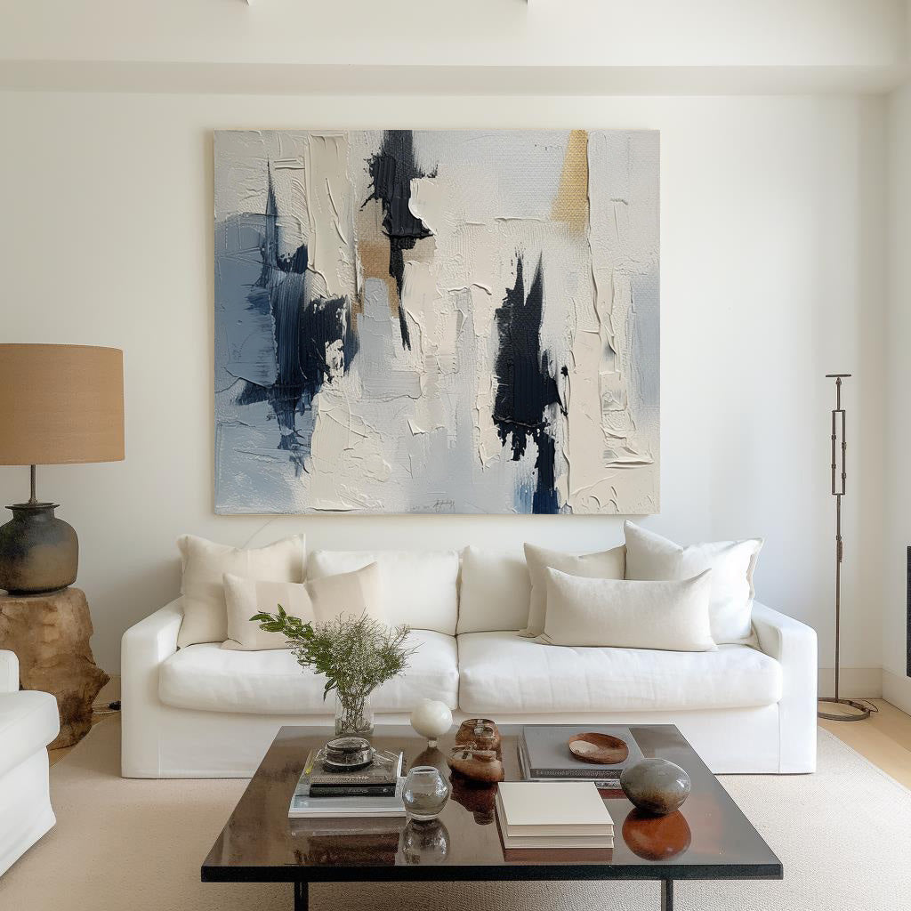 Contemporary Blue and White Abstract Oil Painting for Modern Decor