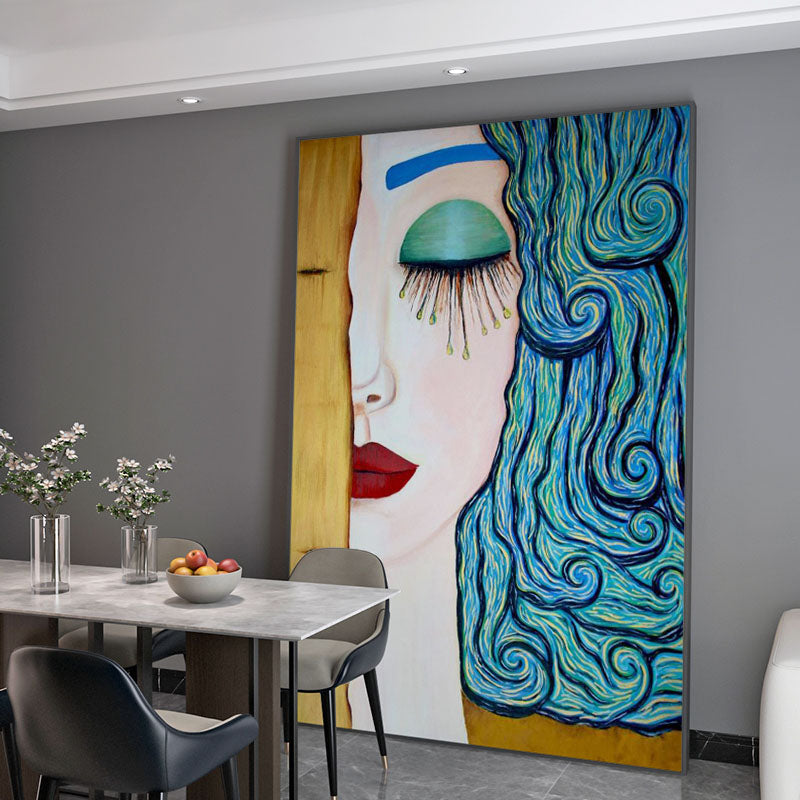 Whimsical Woman with Flowing Hair - Colorful Oil Painting for Home Decor