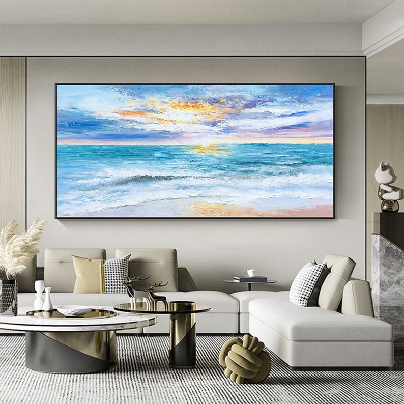 Vibrant Ocean Sunset Oil Painting – Serene Coastal Wave Art for Home Decor