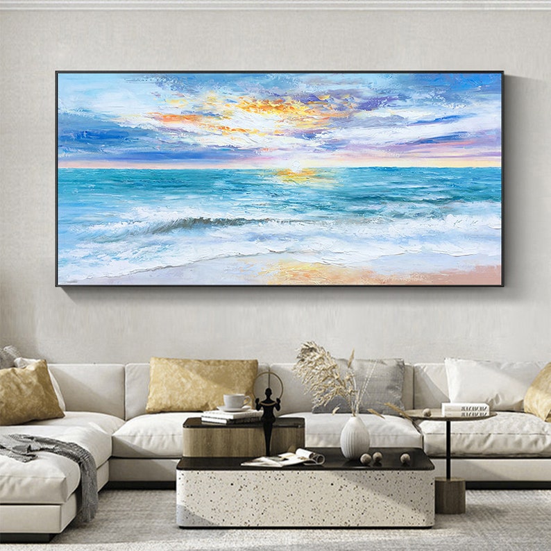 Vibrant Ocean Sunset Oil Painting – Serene Coastal Wave Art for Home Decor